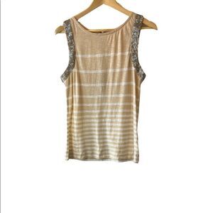 J CREW Silk Sequin Trim Tan & Silver Stripe Cotton High Neck Sleeveless Top S